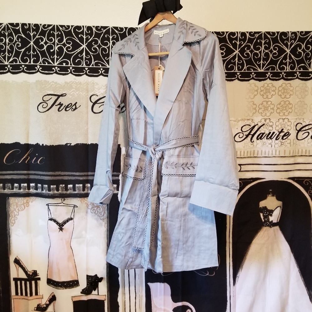 Blush Noir Frost Gray Embroidered Belted Trench Jacket - Picture 2 of 11